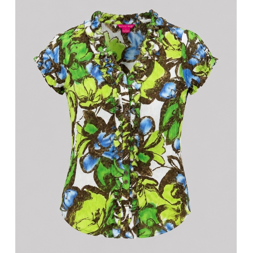 Vintage Sunny Leigh Floral Ruffle Blouse Women S Y2K Crinkle Boho Cottagecore